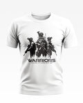 White men's t-shirt with black graphic of three army soldiers and text 'WARRIORS'.