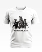 White men's t-shirt with black graphic of three army soldiers and text 'WARRIORS'.