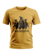 Yellow men's t-shirt with black military warriors graphic and 'The defense of freedom never ends' slogan.