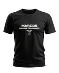Black men's t-shirt with 'MARCOS MARINE COMMANDO 1987' white print and winged emblem.