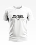White men's t-shirt with MARCOS Marine Commando 1987 print and winged insignia design