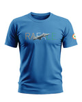 Blue men's t-shirt featuring fighter jet and RAFALE text, Indian flag patch on sleeve