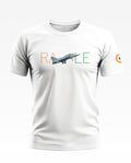 White men's t-shirt featuring a fighter jet graphic and 'RAFALE' text in tricolor design.