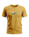 Yellow men's t-shirt with Rafale fighter jet graphic and tricolor India roundel on sleeve