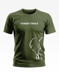 Olive green men's t-shirt with 'Tusker Trails' text and white elephant graphic print.
