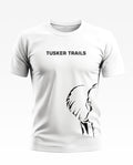 White men’s t-shirt with TUSKER TRAILS text and black abstract elephant graphic