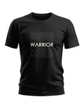 Black men's t-shirt with bold WARRIOR text graphic, crew neck, short sleeves