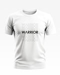 White men's t-shirt with repeated WARRIOR text design, crew neck, short sleeves
