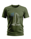 Olive green men's t-shirt with sailboat and 'Sea Battle IND NAVY' graphic print