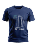 Navy blue men's t-shirt with white sailboat and 'IND NAVY Sea Battle' graphic print