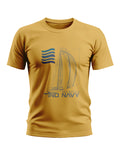 Yellow men's t-shirt with blue sea battle ship and 'IND NAVY' graphic print