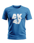 Blue men's t-shirt with bold white AK47 graphic print on front, casual army-style design