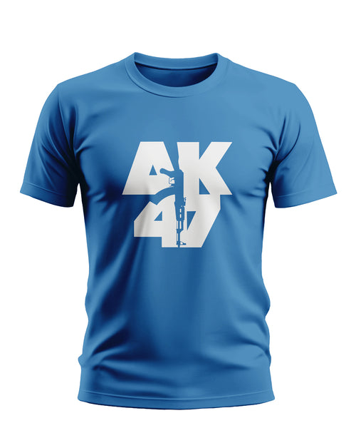 Blue men's t-shirt with bold white AK47 graphic print on front, casual army-style design