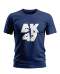 navy blue men's t-shirt with bold white AK47 graphic design on front