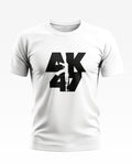 White men's t-shirt with bold black AK47 graphic and rifle silhouette on front