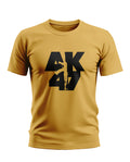 Yellow men's t-shirt with bold black AK47 graphic on front, crew neck, short sleeves