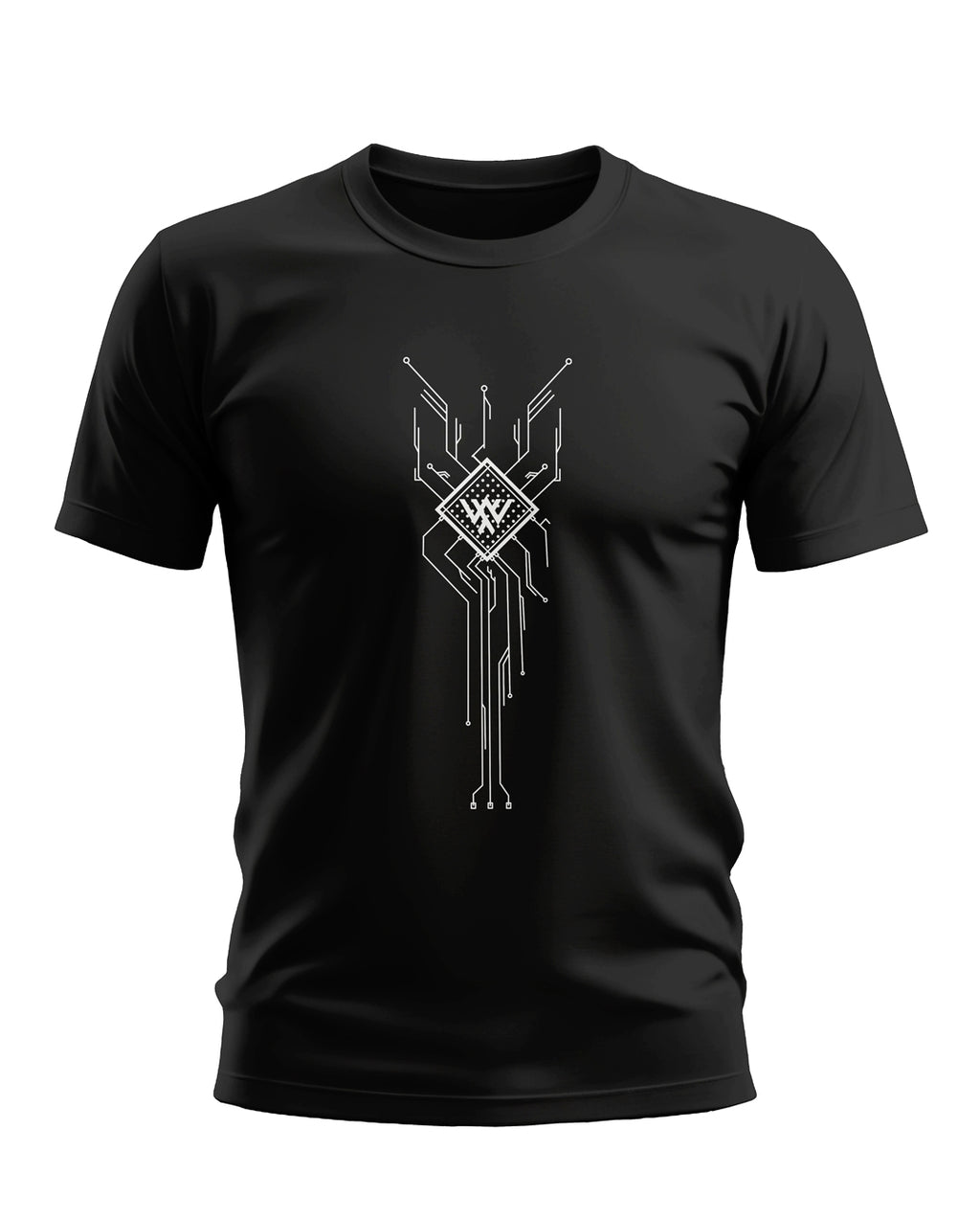 Black men's t-shirt with white circuit board graphic and geometric design on chest