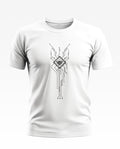 White men's t-shirt with black circuit board graphic and modern geometric design
