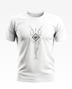 White men's t-shirt with black circuit board graphic and modern geometric design