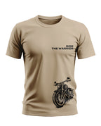 Beige men's t-shirt with 'Ride The Warrior' text and black motorcycle graphic print