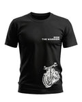 Black men's t-shirt with white 'Ride The Warrior' text and motorcycle graphic print.