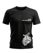 Black men's t-shirt with white 'Ride The Warrior' text and motorcycle graphic print.