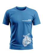 Blue men's t-shirt with 'Ride The Warrior' text and white motorcycle graphic print