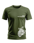 Olive green men's T-shirt with 'Ride The Warrior' text and white motorcycle graphic print