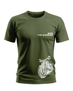 Olive green men's T-shirt with 'Ride The Warrior' text and white motorcycle graphic print