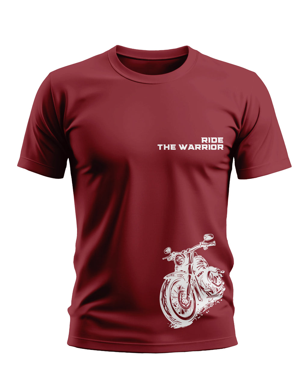 Maroon men's t-shirt with 'Ride the Warrior' text and white motorcycle graphic