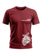 Maroon men's t-shirt with 'Ride the Warrior' text and white motorcycle graphic