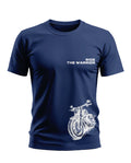 Navy blue men's t-shirt with 'Ride The Warrior' text and white motorcycle graphic print