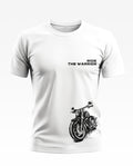 White men's t-shirt with 'Ride The Warrior' text and black motorcycle graphic print