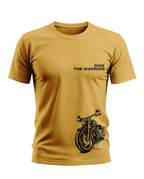 Yellow men's t-shirt with 'Ride The Warrior' text and black motorcycle graphic print