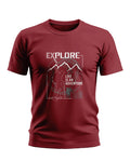 Maroon men's t-shirt with 'Explore Life Is An Adventure' mountain and hiker graphic print