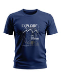 Navy blue men's adventure graphic t-shirt with 'Explore Life Is An Adventure' print