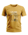 Yellow men's t-shirt with mountain explorer graphic and 'Life is an Adventure' text