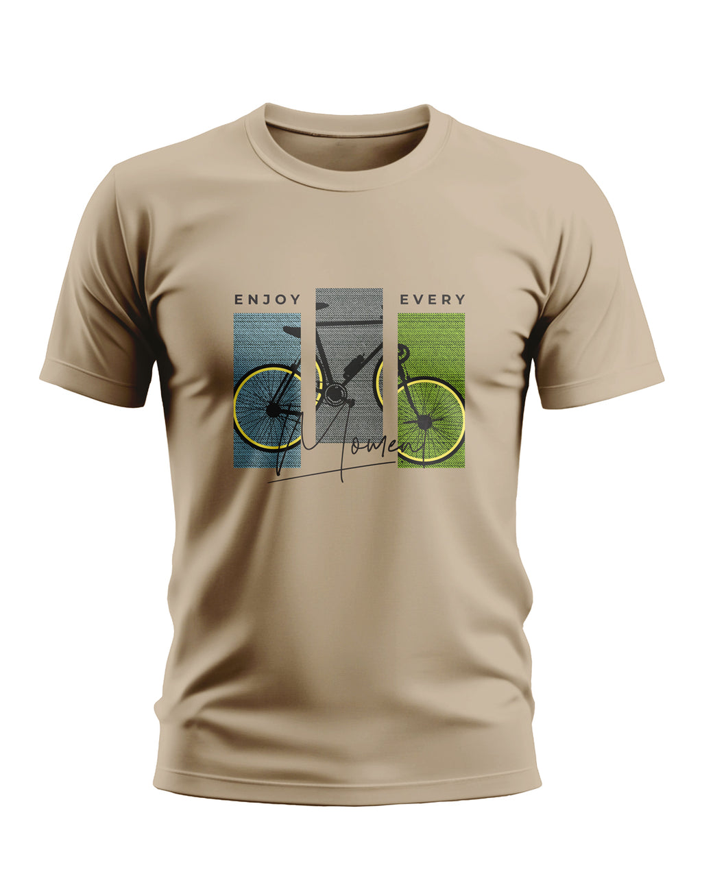 Beige men's t-shirt with bicycle graphic and 'Enjoy Every Moment' text print