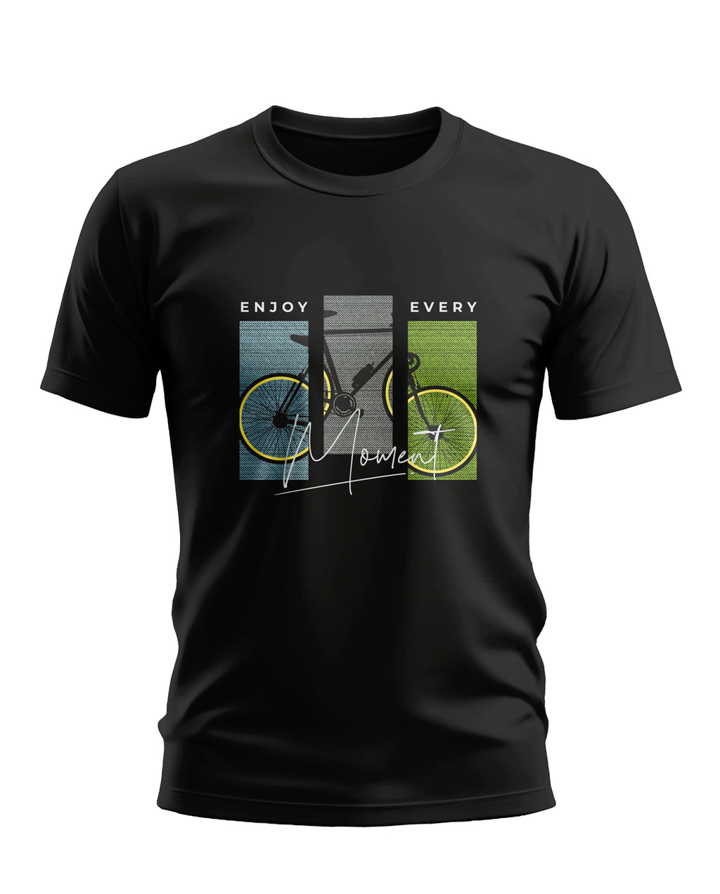 Black men's graphic t-shirt with yellow bicycle and 'Enjoy Every Moment' text print