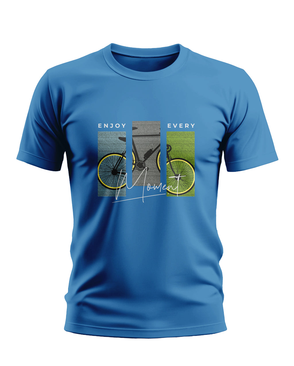 Blue men's t-shirt with yellow bicycle graphic and 'Enjoy Every Moment' text on front