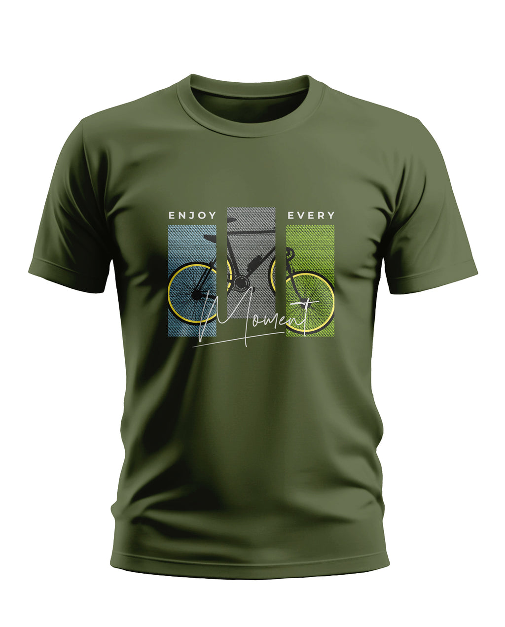 Olive green men's t-shirt with graphic bicycle and 'Enjoy Every Moment' text print
