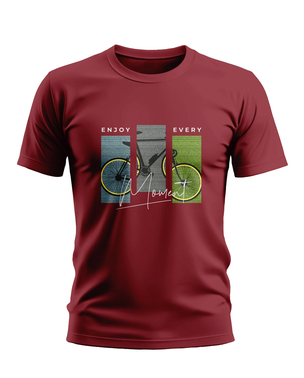 Maroon men's t-shirt with graphic print of yellow bicycle and 'Enjoy Every Moment' text.