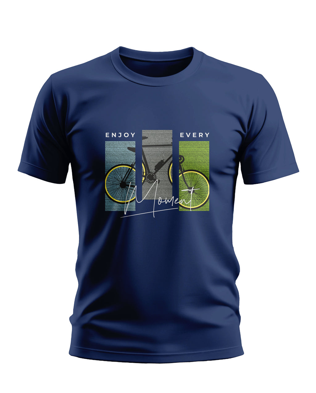 Navy blue men's t-shirt with bicycle graphic and 'Enjoy Every Moment' text printed on front.