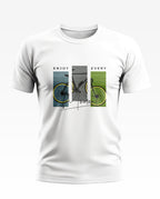 White men's t-shirt with colorful bicycle print and text 'Enjoy Every Moment' on front.
