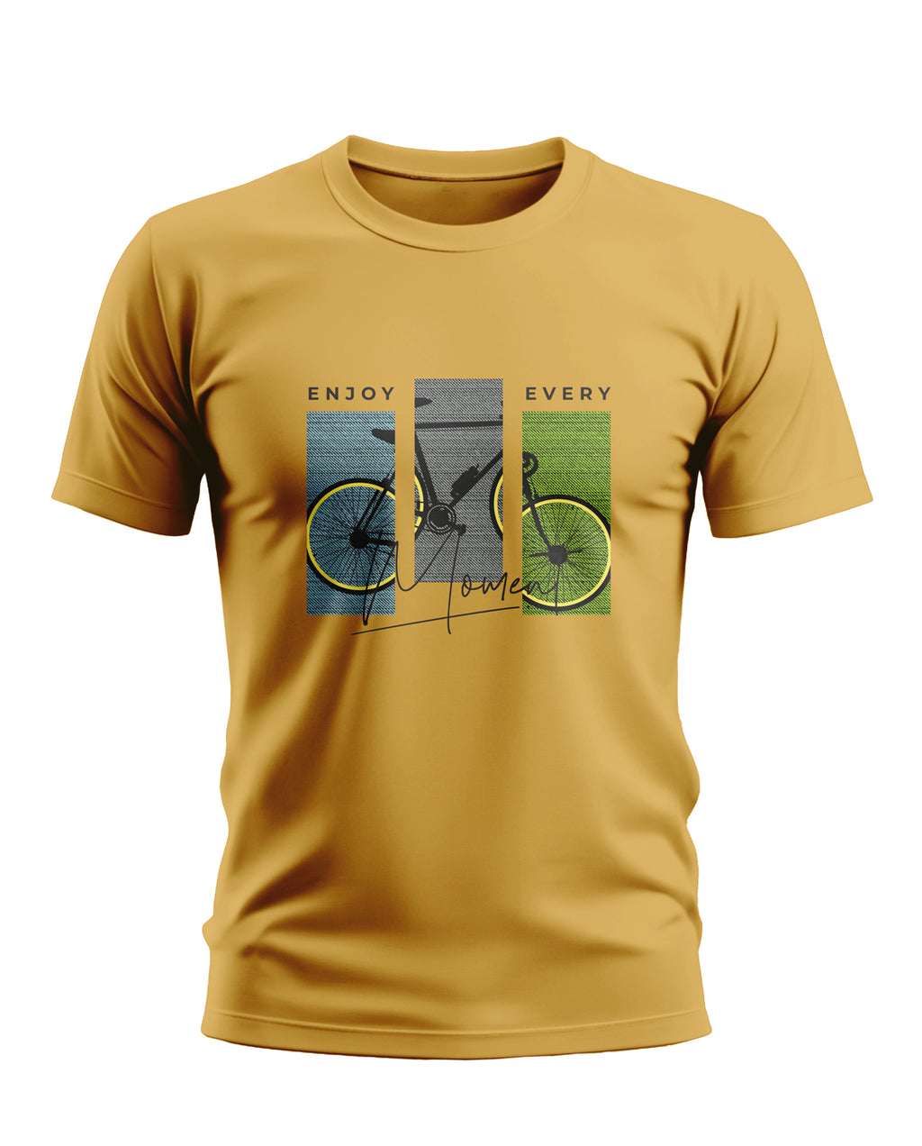 Yellow men's graphic t-shirt featuring a bicycle and 'Enjoy Every Moment' text design