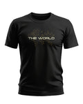 Black men's t-shirt with geometric world map and 'THE WORLD' text on chest
