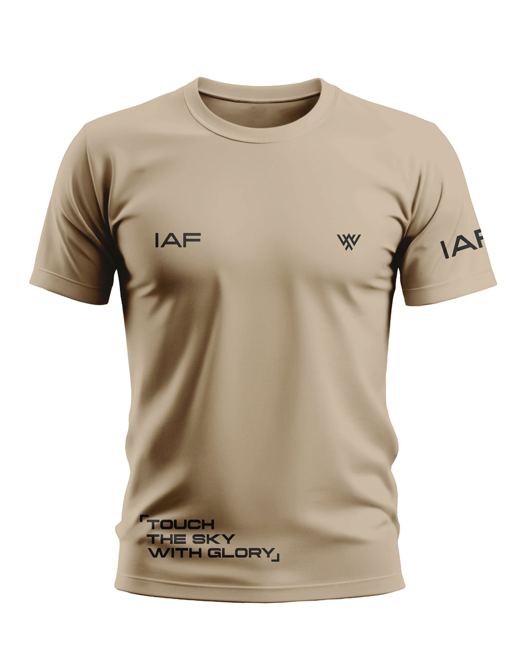 Beige men's t-shirt with IAF text, small graphic logo, and 'Touch The Sky With Glory' slogan