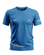 Blue men's t-shirt with IAF text and 'Touch the Sky with Glory' slogan, crew neck, short sleeves