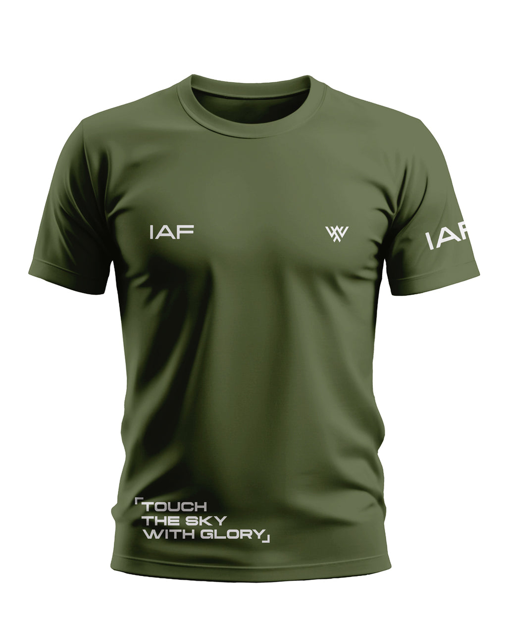Olive green men's t-shirt with IAF text, slogan 'Touch the Sky with Glory,' and short sleeves.