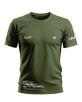Olive green men's t-shirt with IAF text, slogan 'Touch the Sky with Glory,' and short sleeves.
